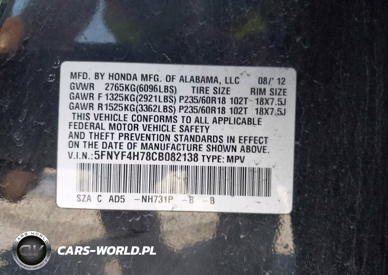 2012 Honda Pilot Ex-L VIN:5FNYF4H78CB082138 - 9