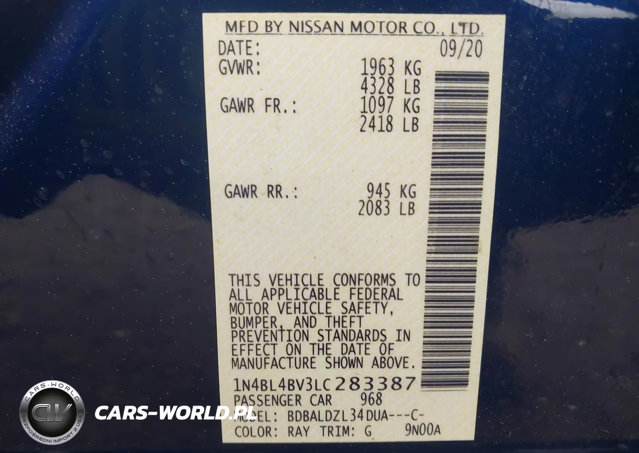 2020 Nissan Altima S Fwd VIN:1N4BL4BV3LC283387 - 9