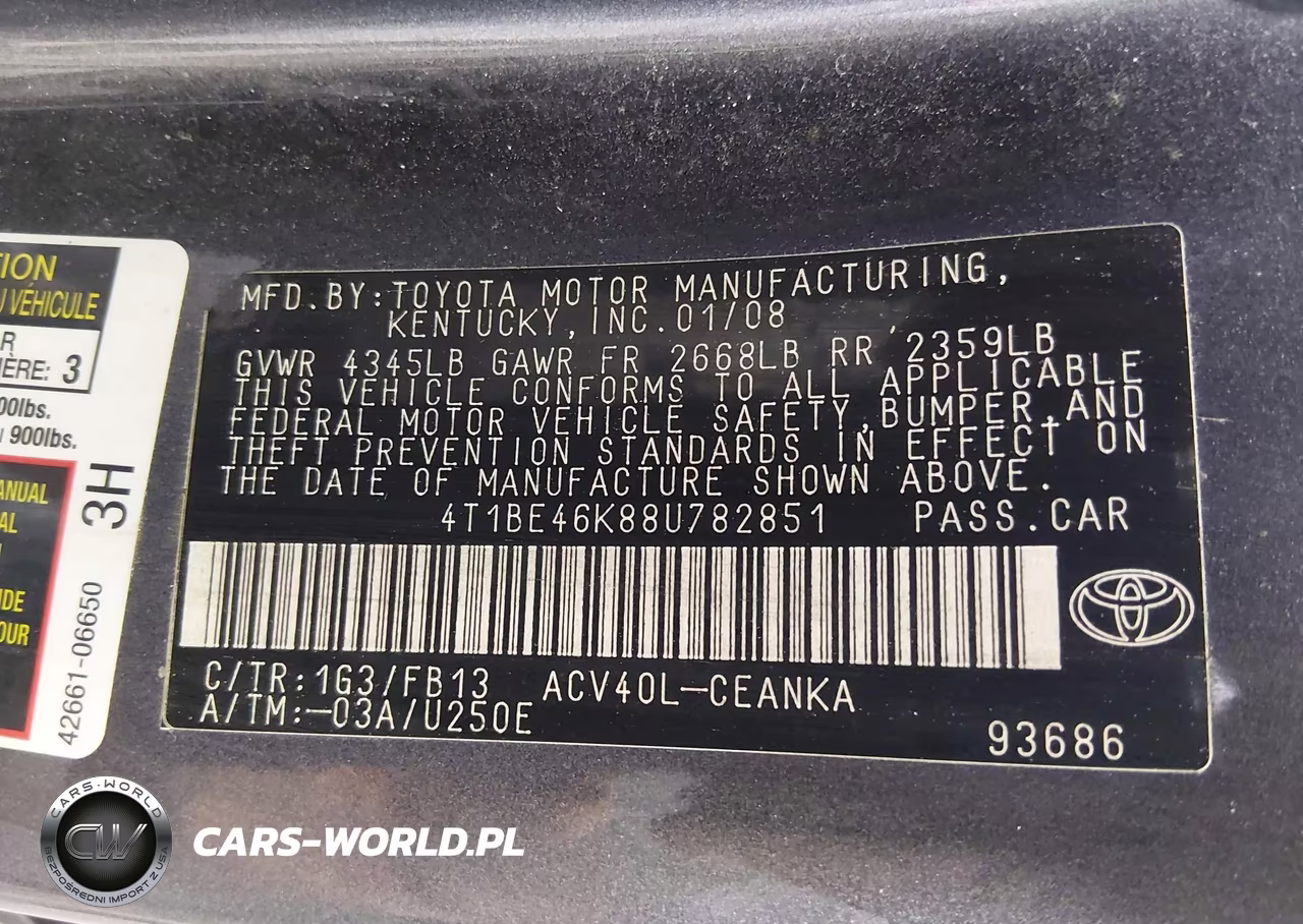 2008 Toyota Camry Le VIN:4T1BE46K88U782851 - 9