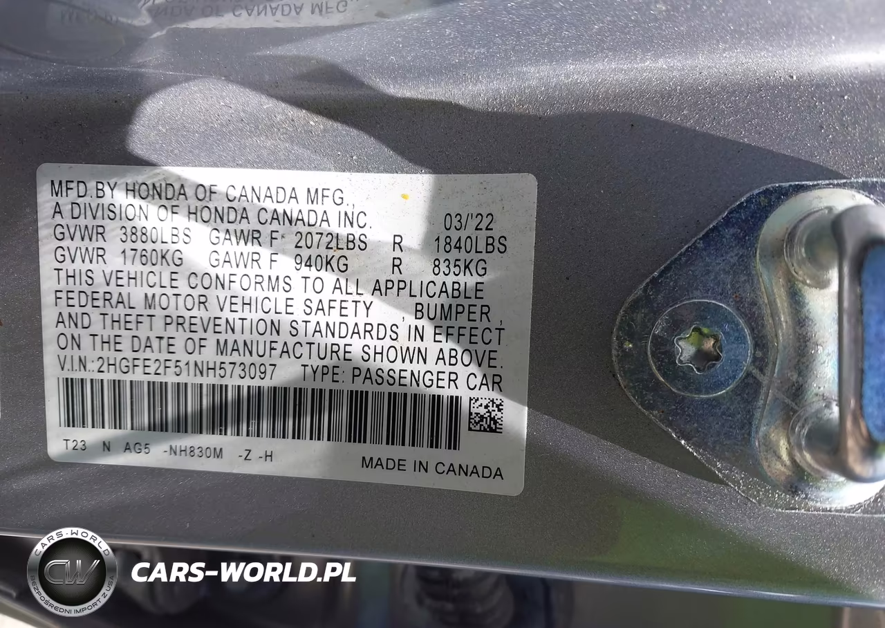 2022 Honda Civic Sport VIN:2HGFE2F51NH573097 - 9