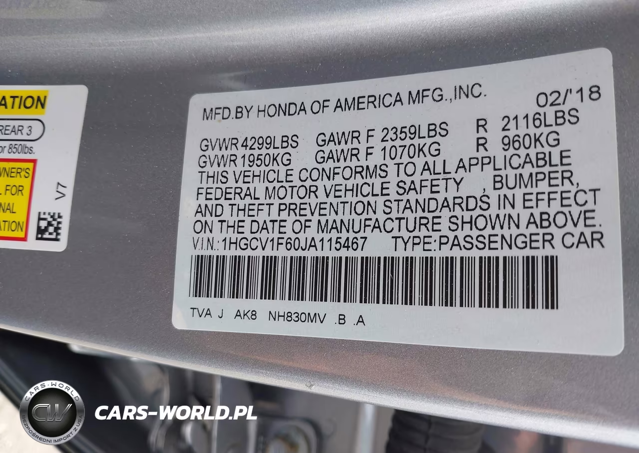 2018 Honda Accord Ex-L VIN:1HGCV1F60JA115467 - 9