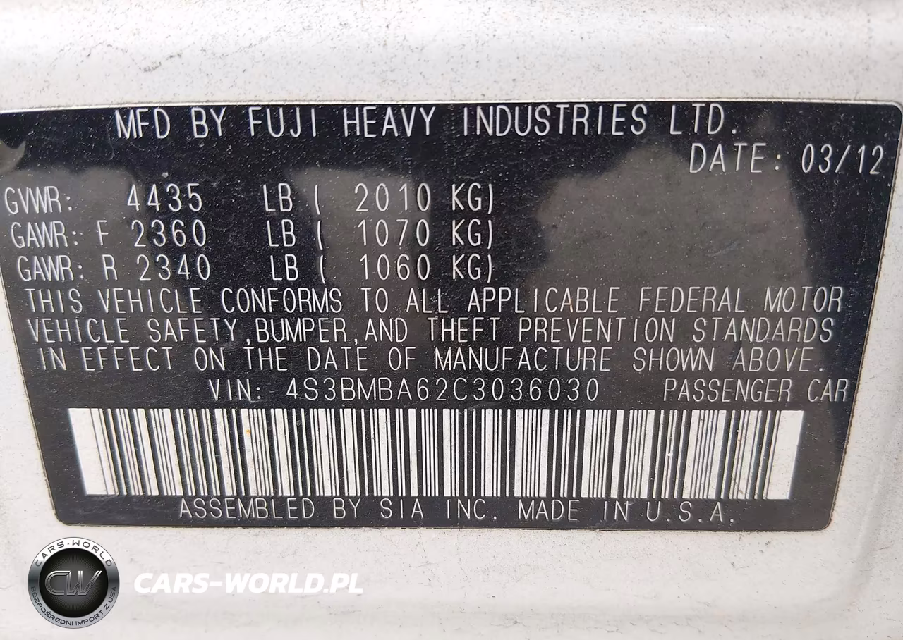 2012 Subaru Legacy 2.5I VIN:4S3BMBA62C3036030 - 9