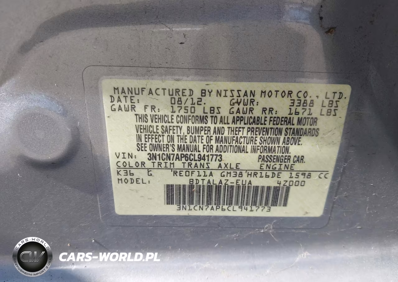 2012 Nissan Versa 1.6 S VIN:3N1CN7AP6CL941773 - 9
