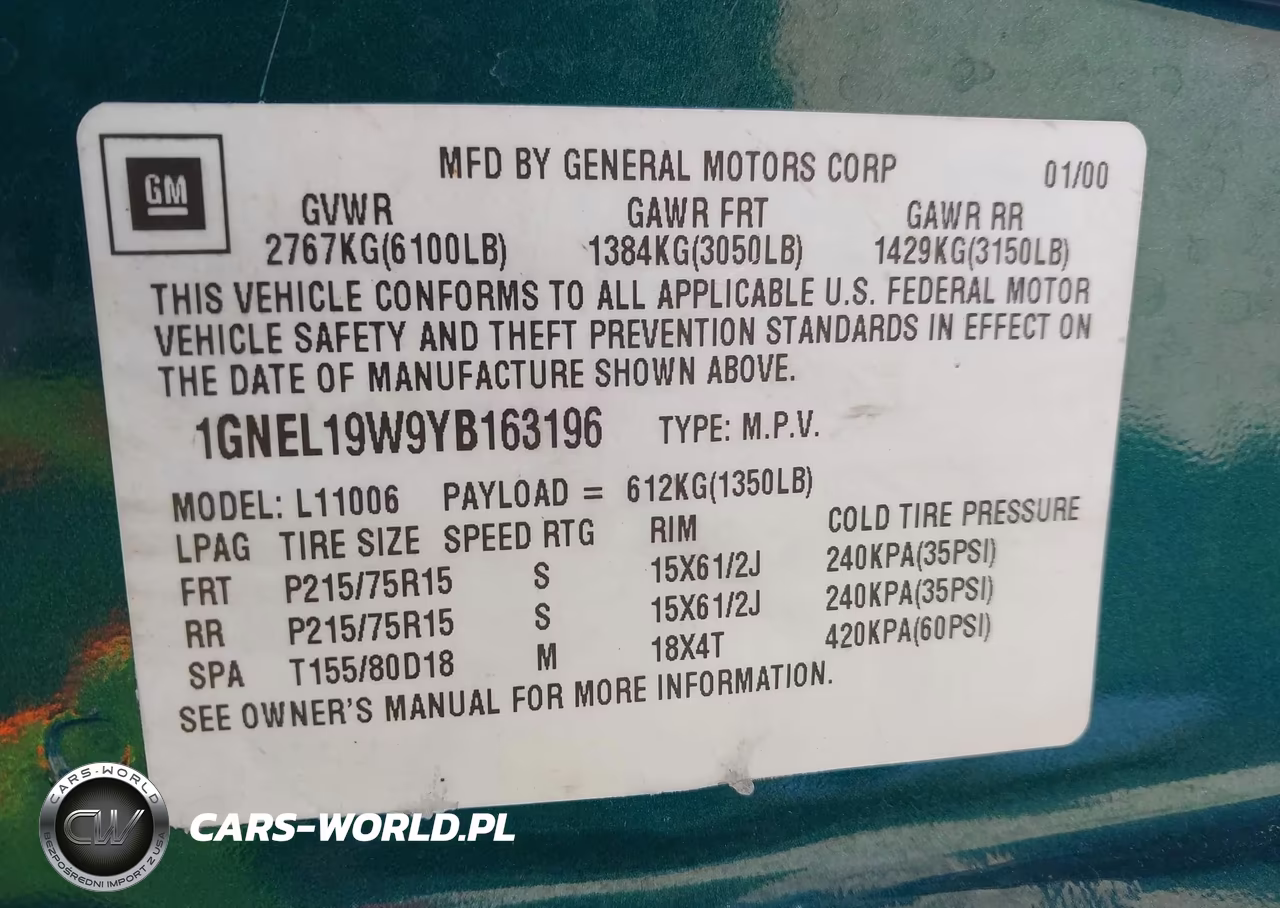 2000 Chevrolet Astro VIN:1GNEL19W9YB163196 - 9