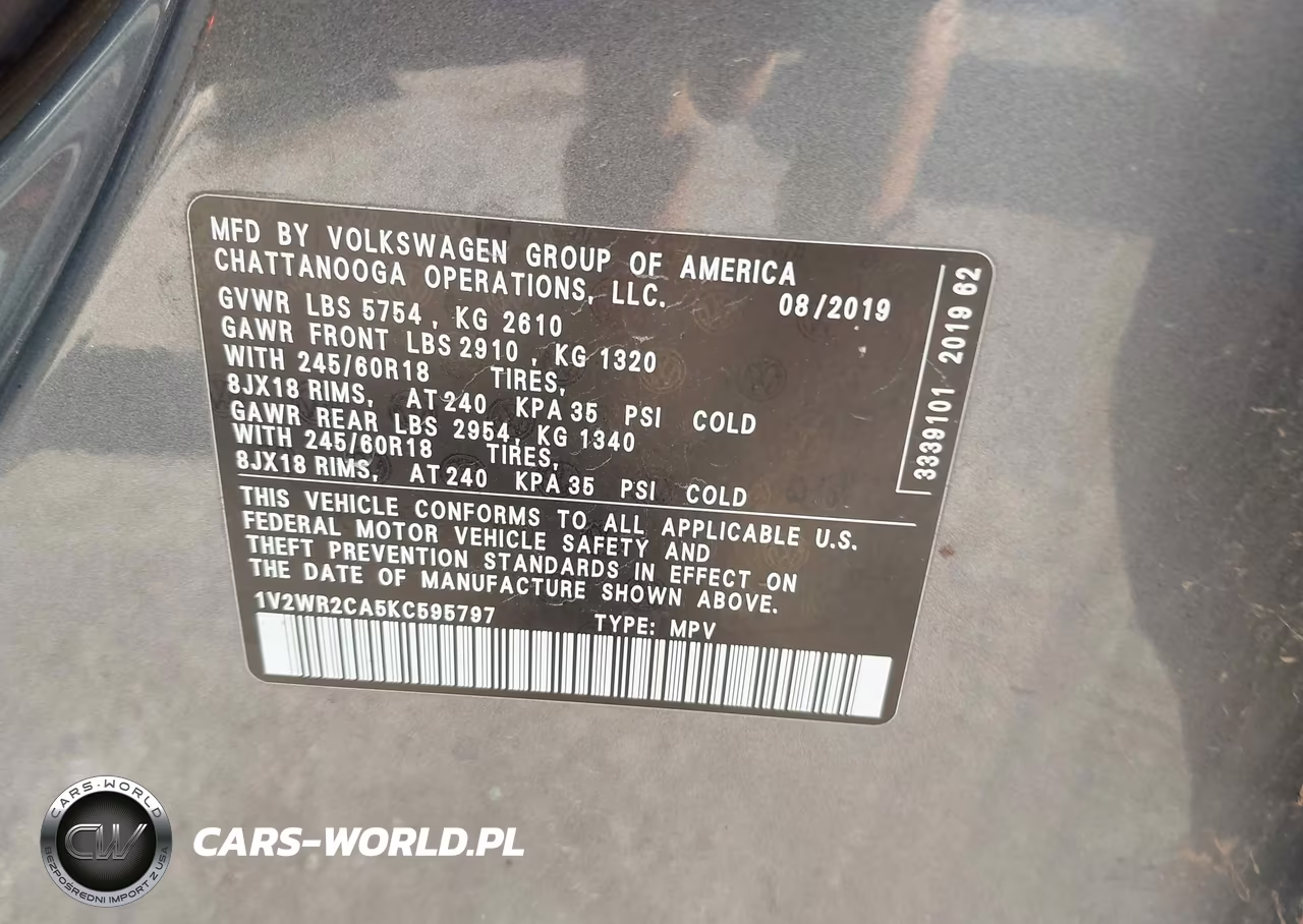2019 Volkswagen Atlas 3.6L V6 Se W-Technology VIN:1V2WR2CA5KC595797 - 9