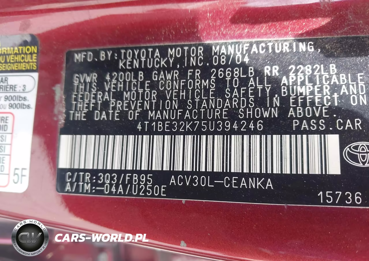 2005 Toyota Camry Le VIN:4T1BE32K75U394246 - 9