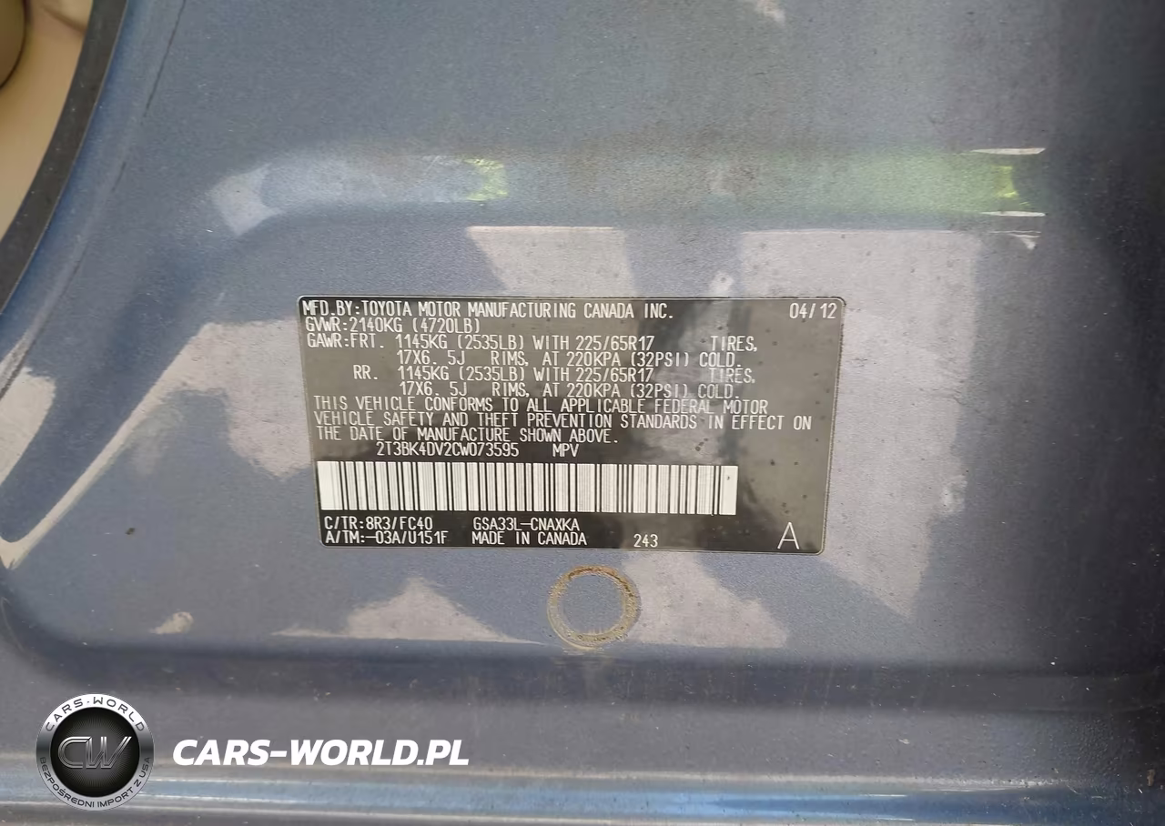 2012 Toyota Rav4 Base V6 VIN:2T3BK4DV2CW073595 - 9