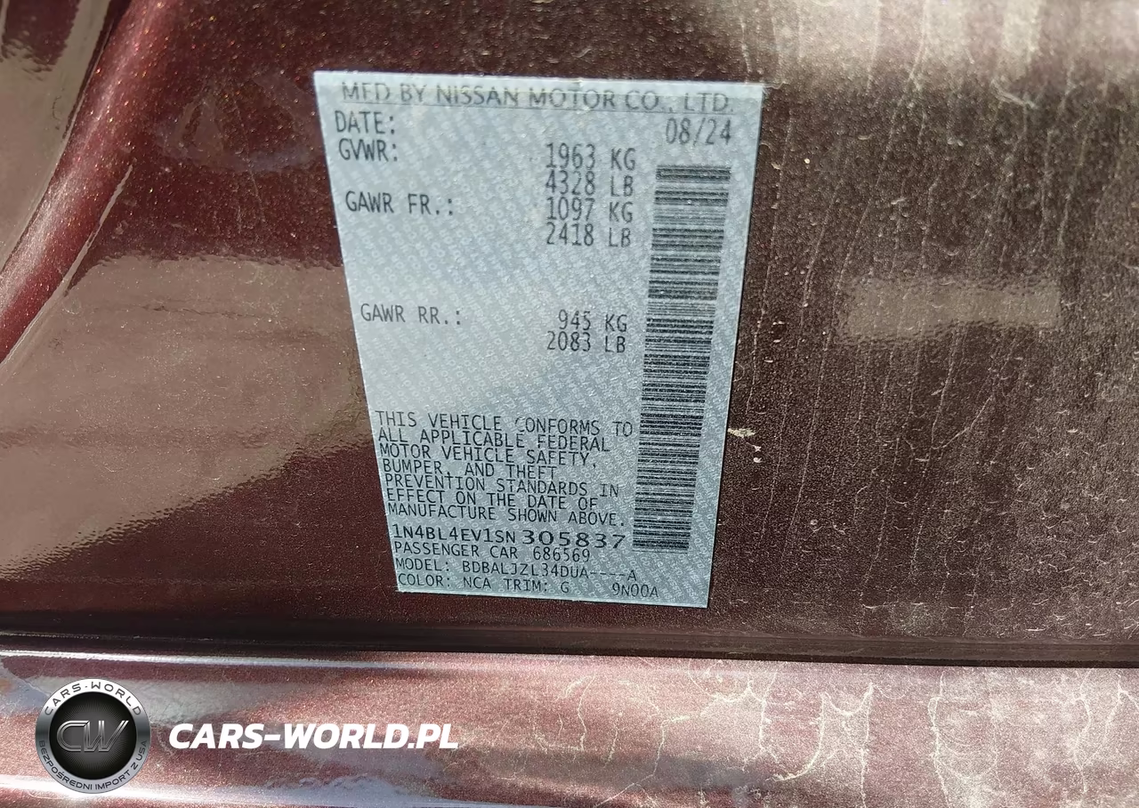 2025 Nissan Altima Sl Fwd VIN:1N4BL4EV1SN305837 - 9