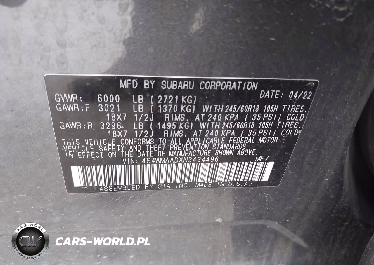 2022 Subaru Ascent VIN:4S4WMAADXN3434496 - 9