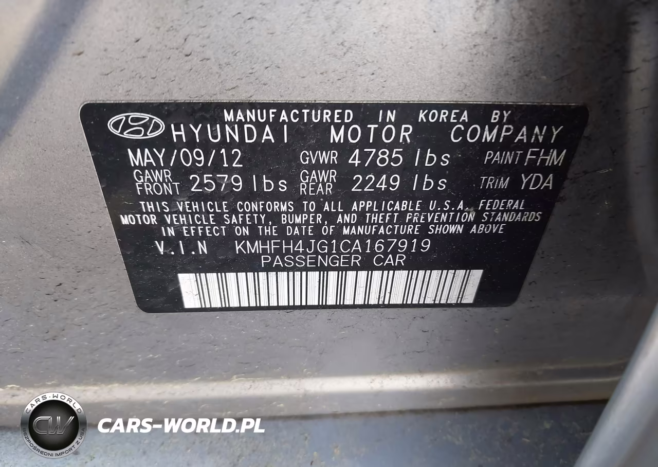 2012 Hyundai Azera VIN:KMHFH4JG1CA167919 - 9