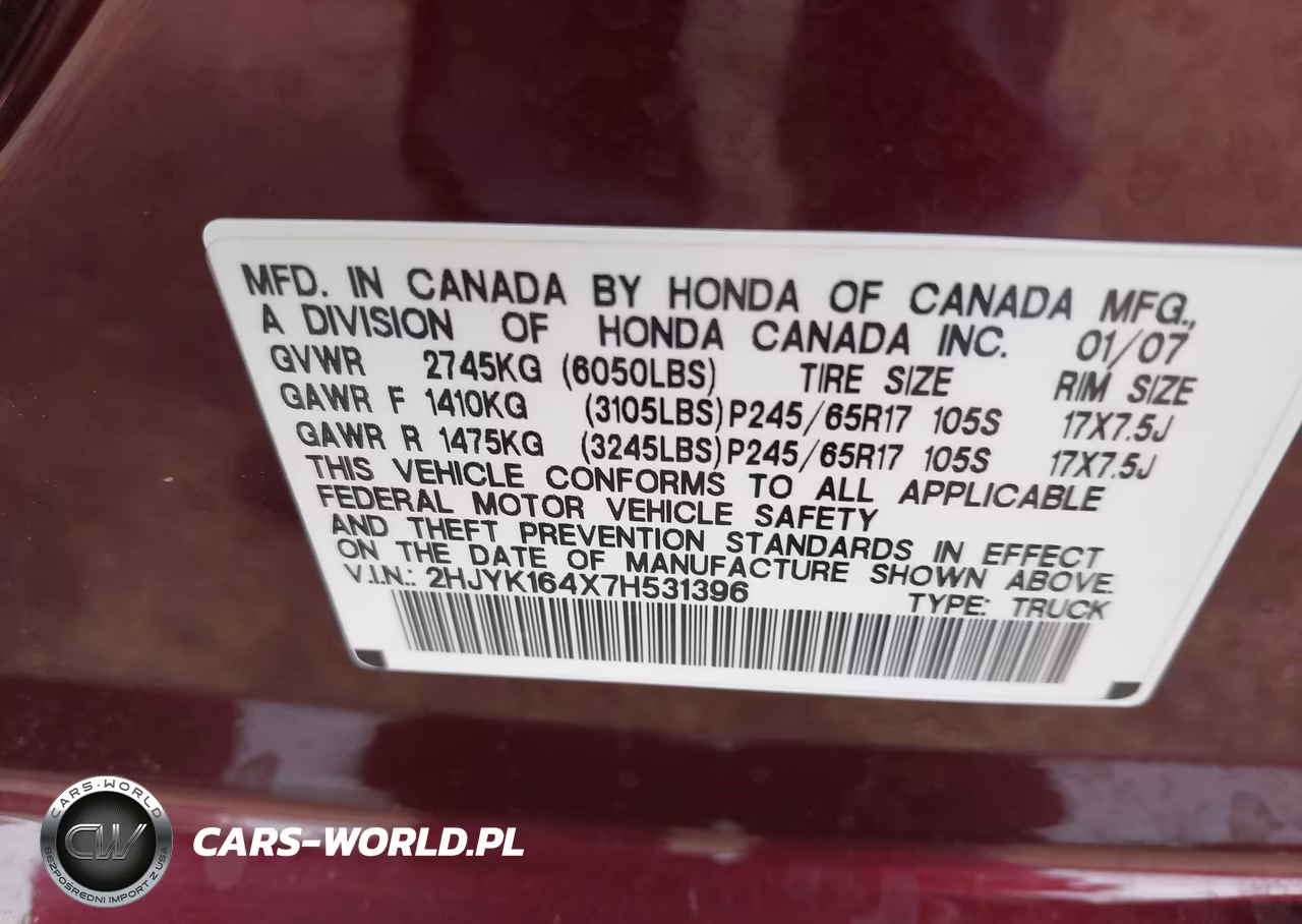 2007 Honda Ridgeline Rts VIN:2HJYK164X7H531396 - 9