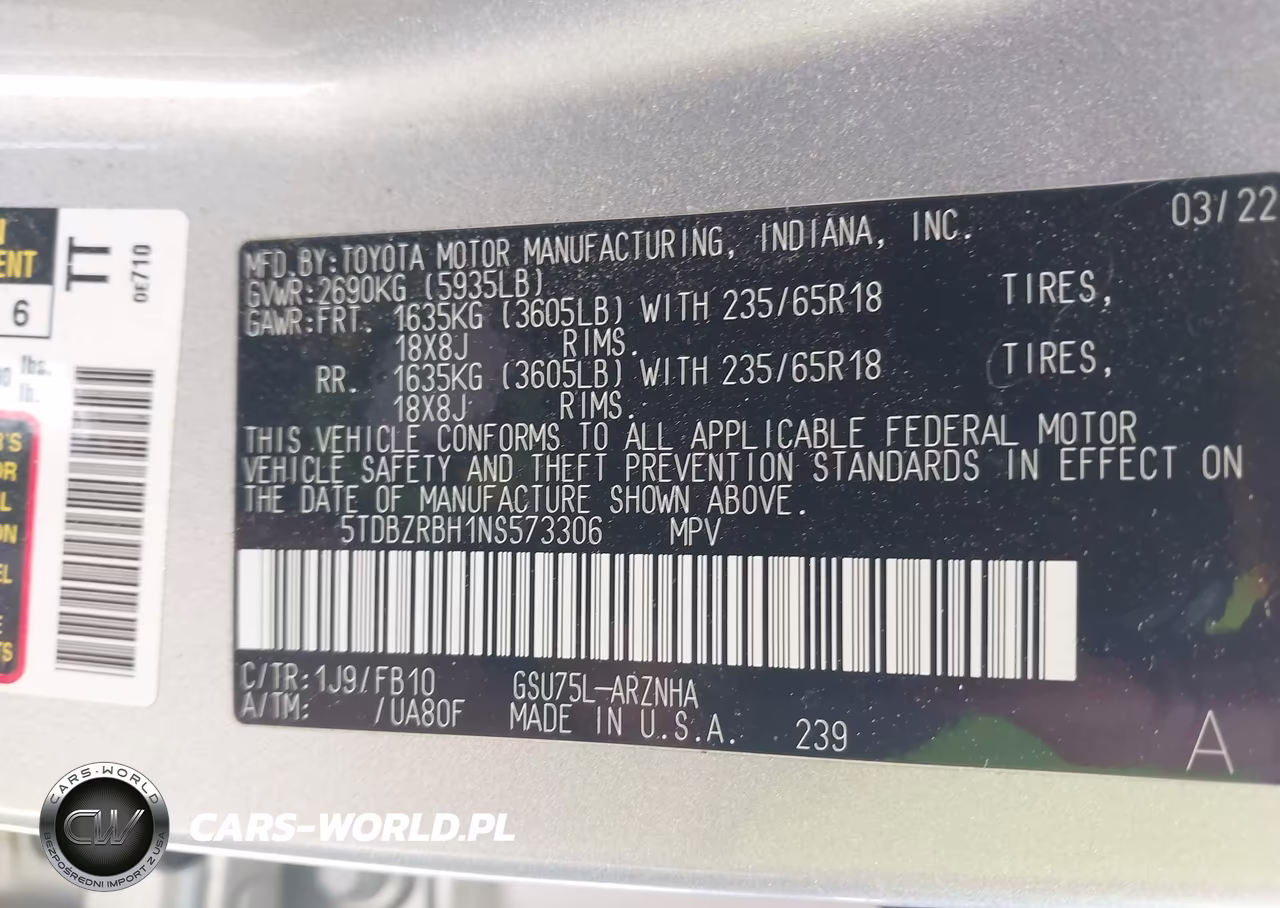2022 Toyota Highlander Le VIN:5TDBZRBH1NS573306 - 9