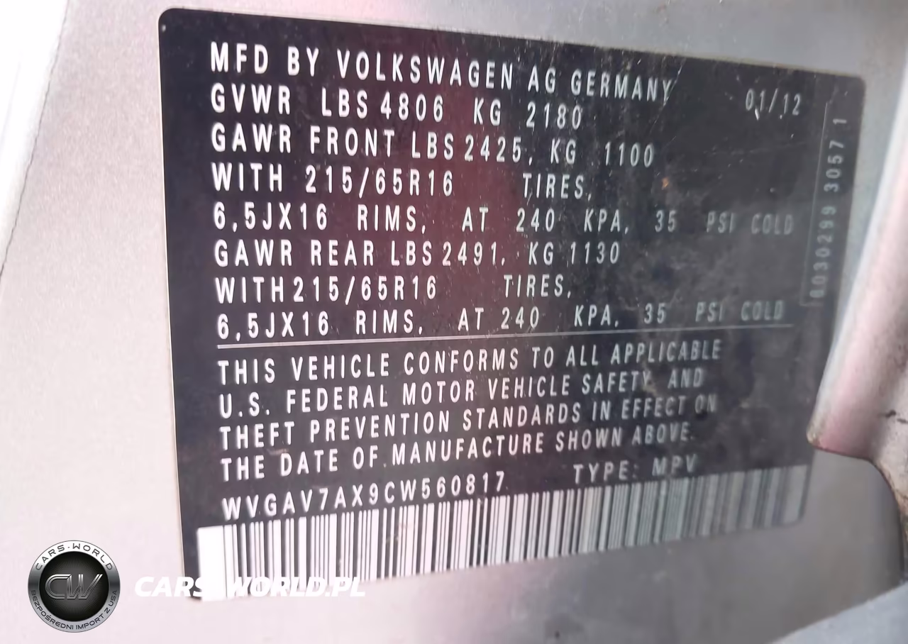 2012 Volkswagen Tiguan Le VIN:WVGAV7AX9CW560817 - 9
