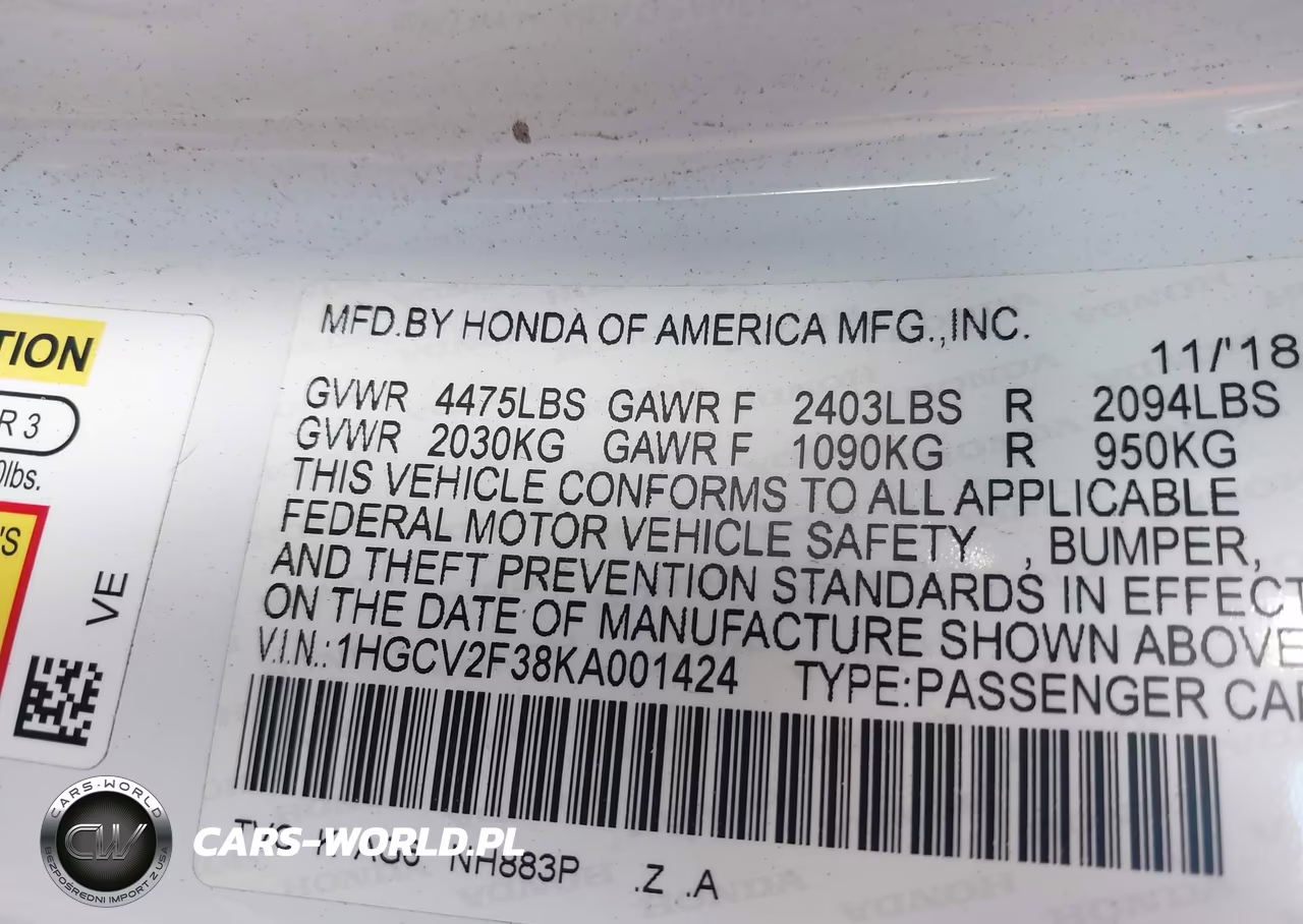 2019 Honda Accord Sport 2.0T VIN:1HGCV2F38KA001424 - 9