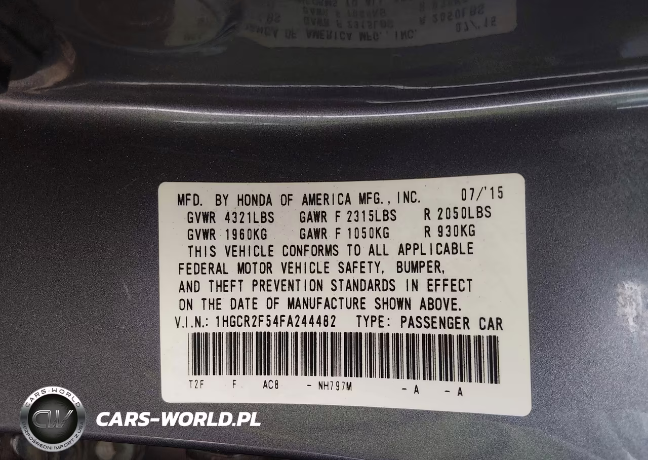 2015 Honda Accord Sport VIN:1HGCR2F54FA244482 - 9