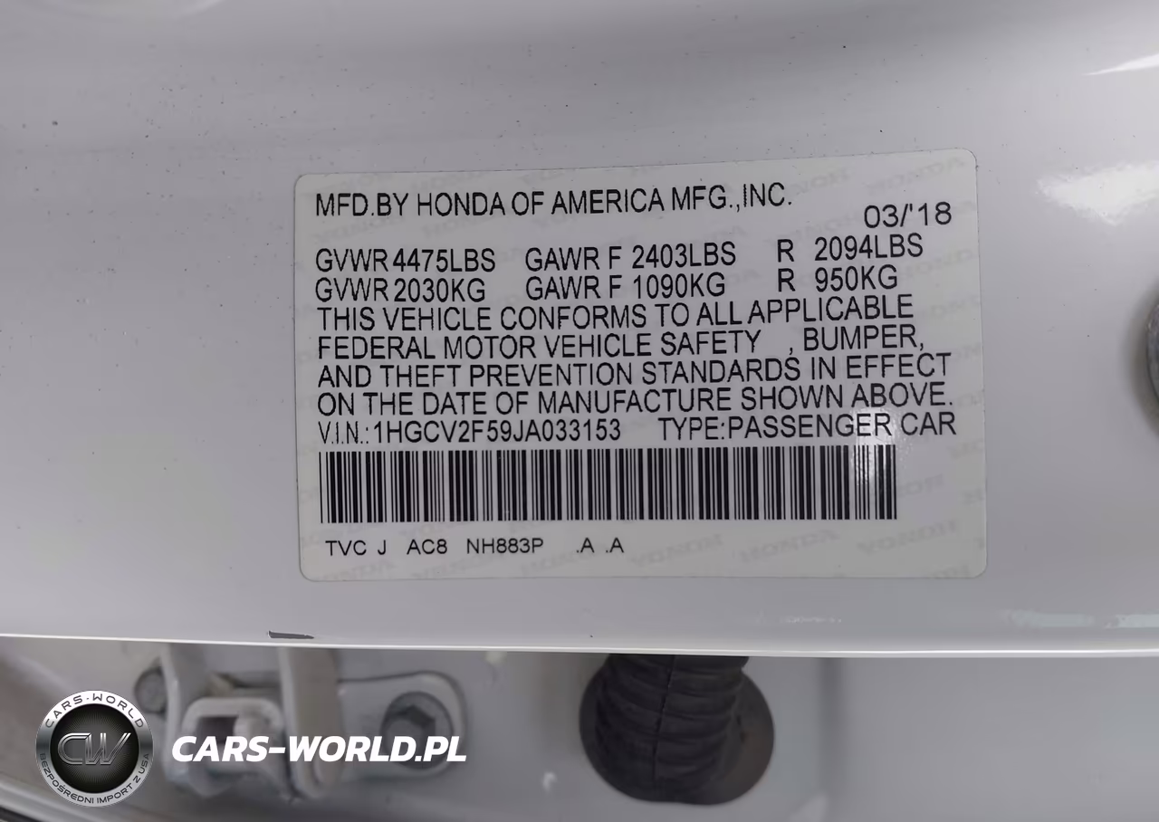 2018 Honda Accord Ex-L 2.0T VIN:1HGCV2F59JA033153 - 9