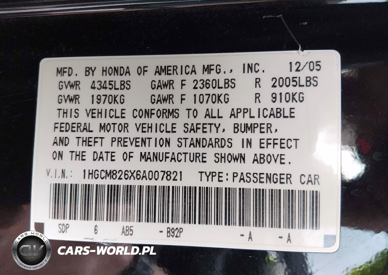 2006 Honda Accord 3.0 Ex VIN:1HGCM826X6A007821 - 9