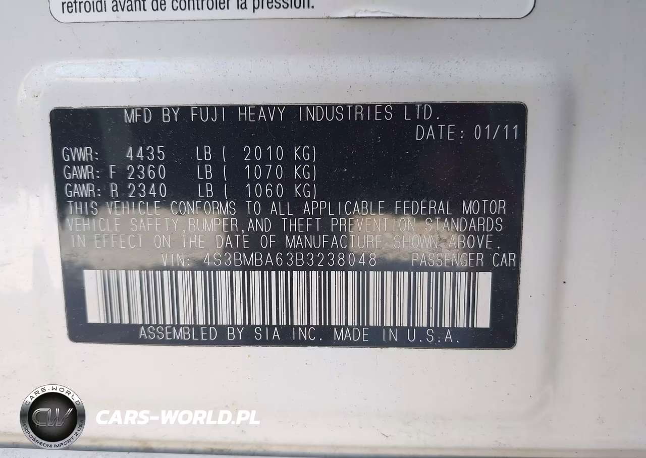 2011 Subaru Legacy 2.5I VIN:4S3BMBA63B3238048 - 9