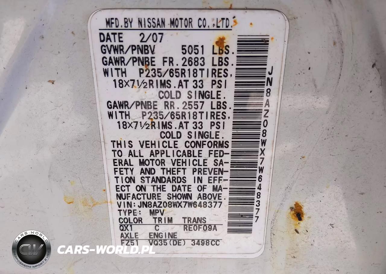 2007 Nissan Murano Sl VIN:JN8AZ08WX7W648377 - 9