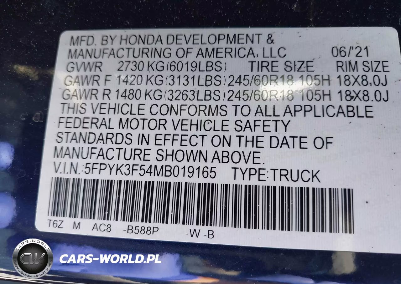 2021 Honda Ridgeline Awd Rtl VIN:5FPYK3F54MB019165 - 9