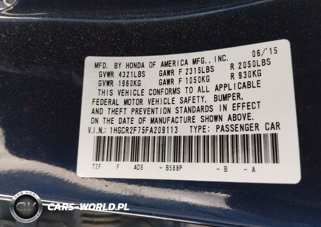 2015 Honda Accord Ex VIN:1HGCR2F75FA209113 - 9