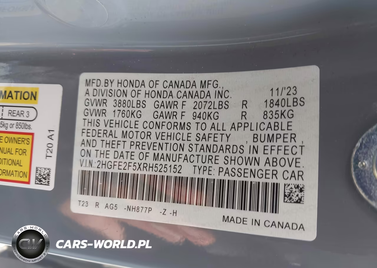 2024 Honda Civic Sport VIN:2HGFE2F5XRH525152 - 9