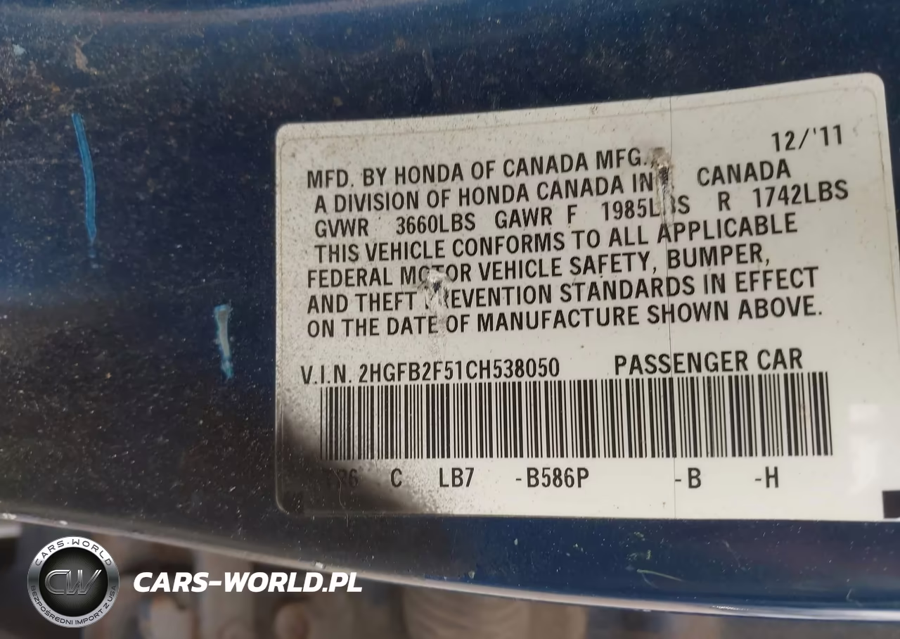 2012 Honda Civic Lx VIN:2HGFB2F51CH538050 - 9