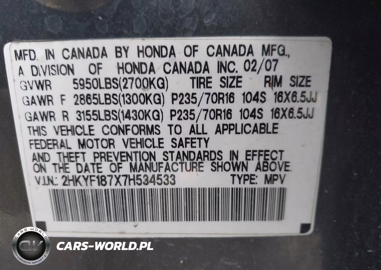 2007 Honda Pilot Ex-L VIN:2HKYF187X7H534533 - 9