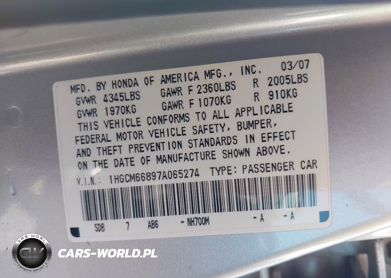 2007 Honda Accord 3.0 Ex VIN:1HGCM66897A065274 - 9