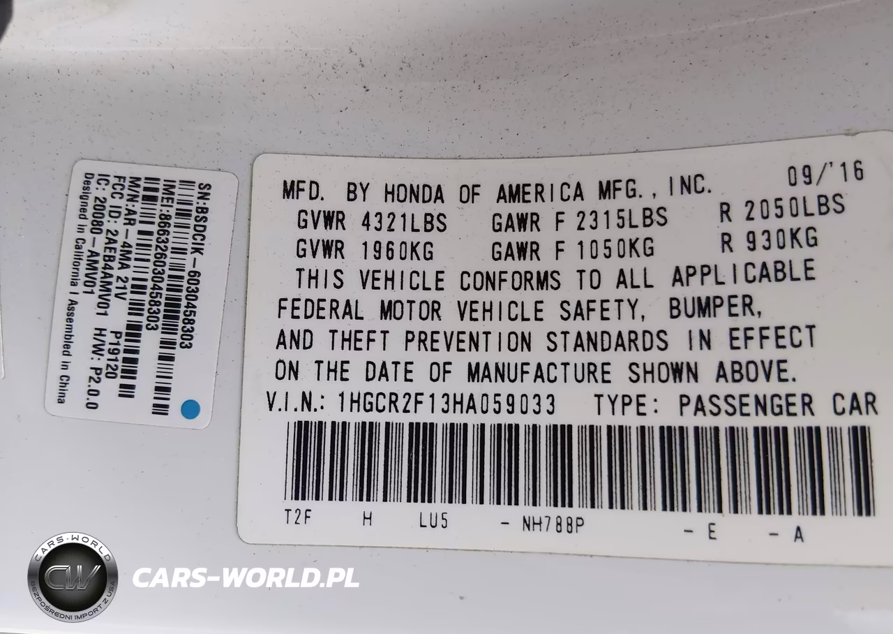 2017 Honda Accord Sport Se VIN:1HGCR2F13HA059033 - 9