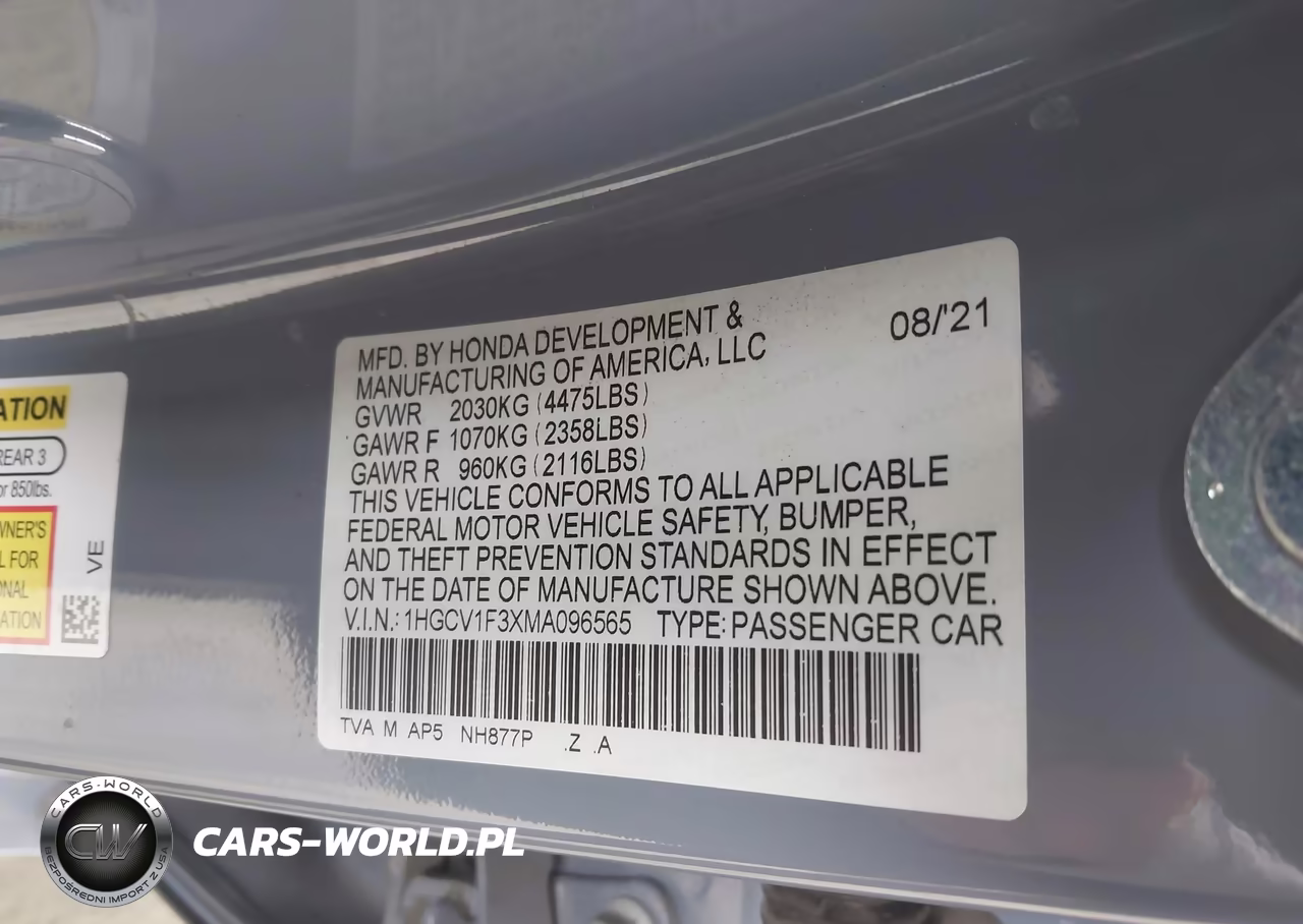 2021 Honda Accord Sport VIN:1HGCV1F3XMA096565 - 9
