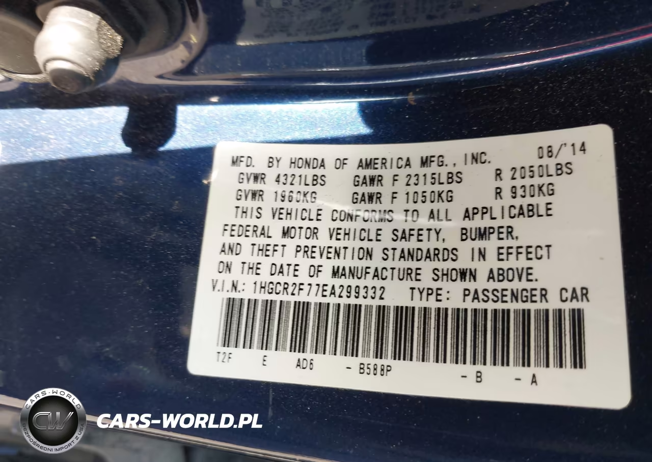 2014 Honda Accord Ex VIN:1HGCR2F77EA299332 - 9