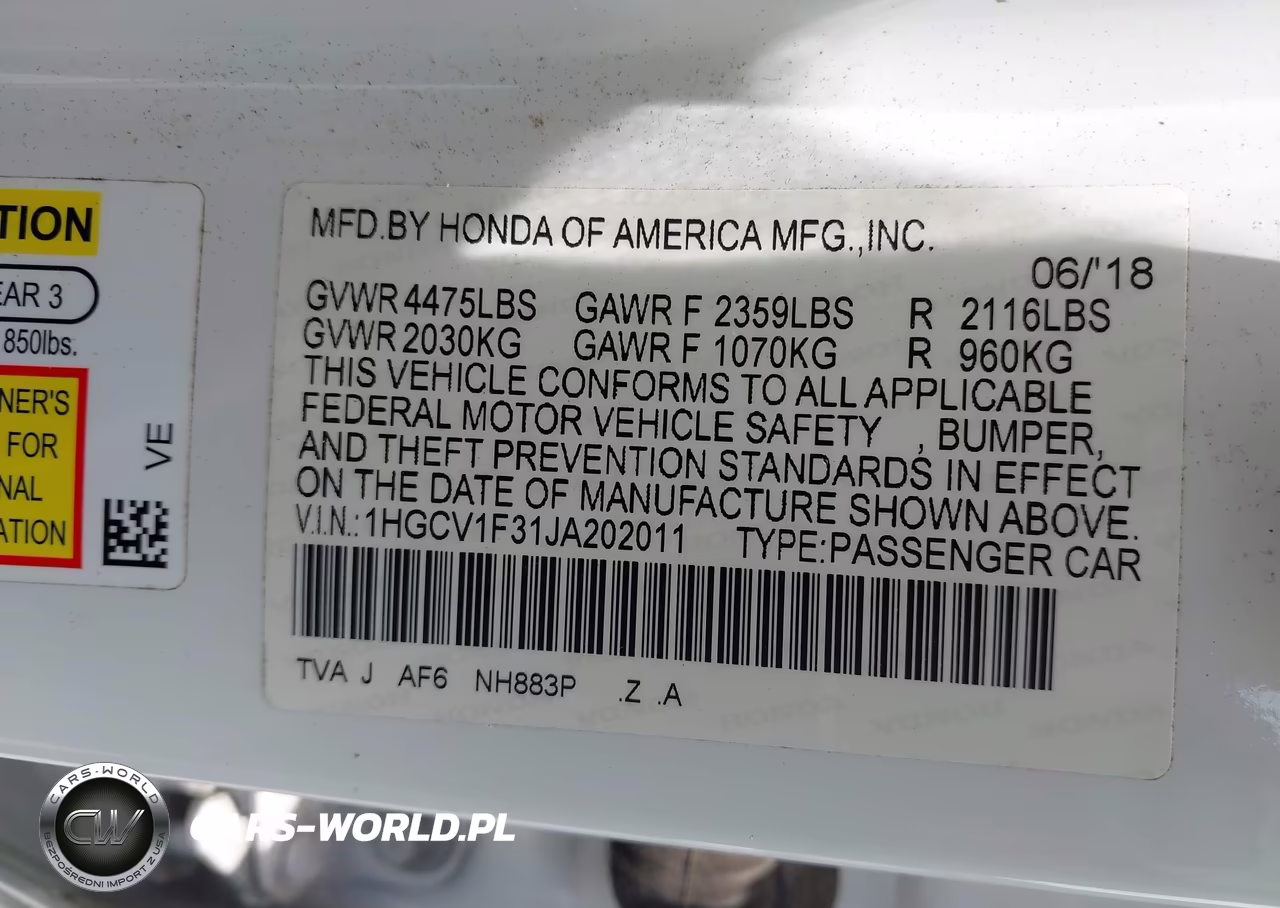 2018 Honda Accord Sport VIN:1HGCV1F31JA202011 - 9