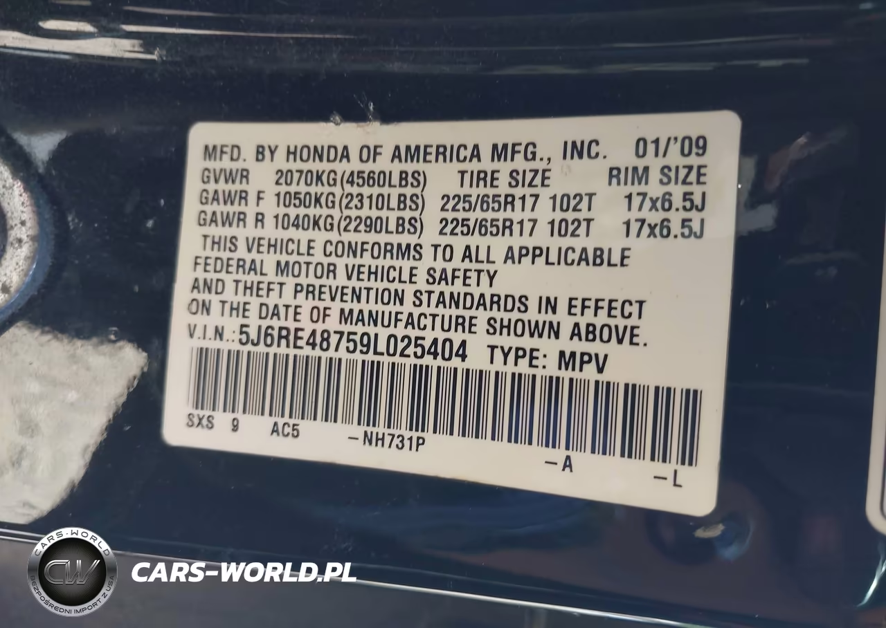 2009 Honda Cr-V Ex-L VIN:5J6RE48759L025404 - 9