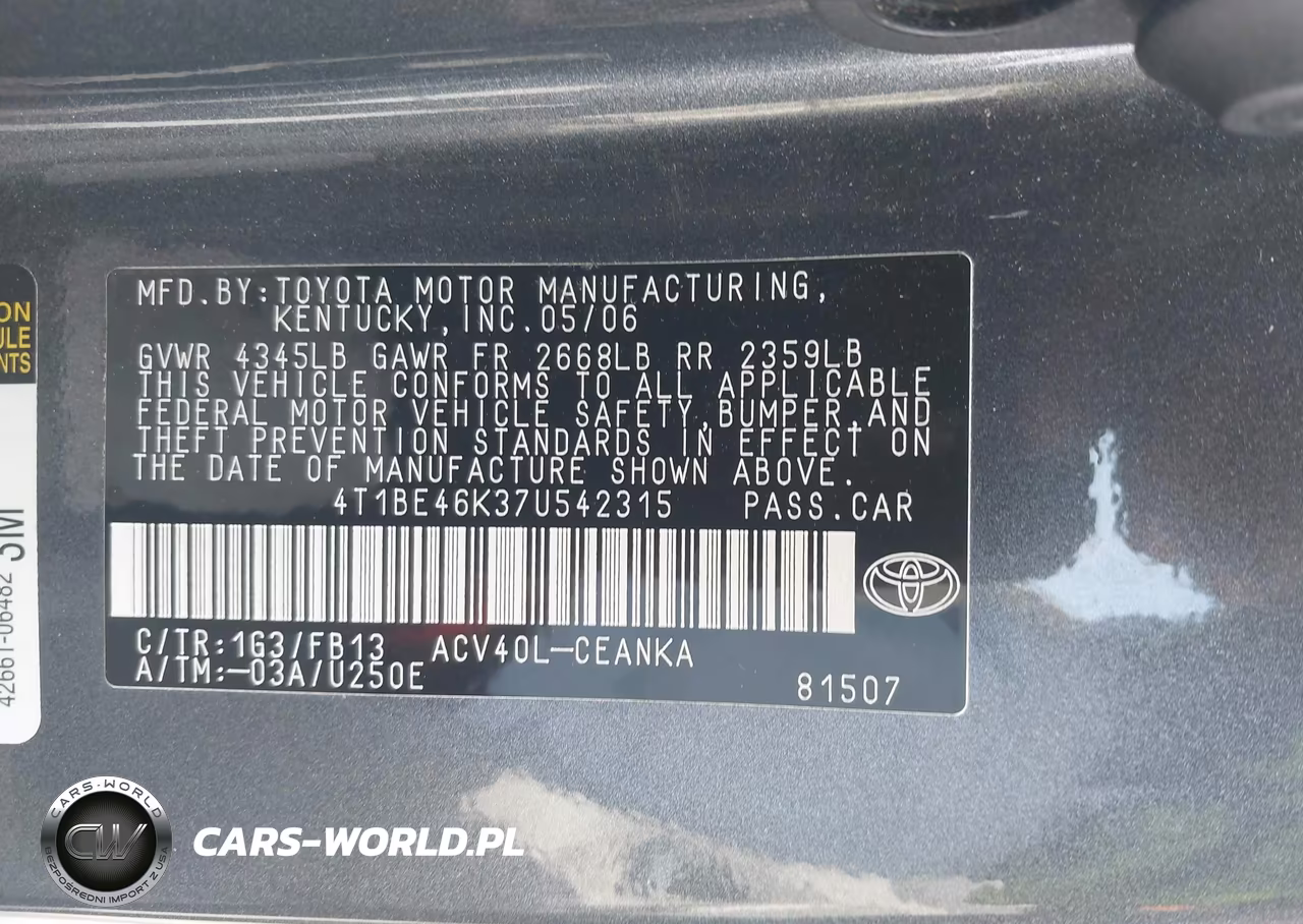 2007 Toyota Camry Le VIN:4T1BE46K37U542315 - 9