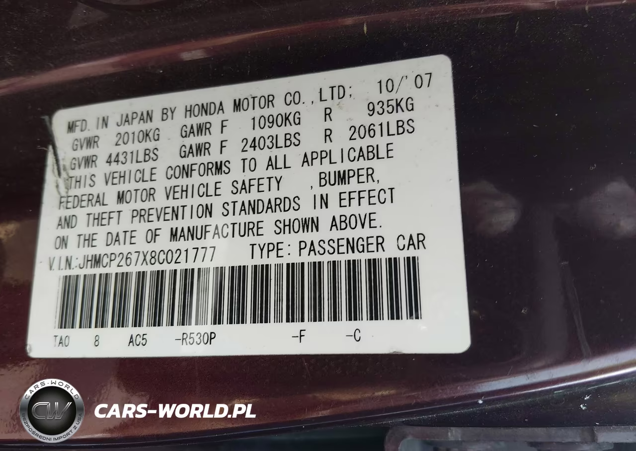 2008 Honda Accord 2.4 Ex VIN:JHMCP267X8C021777 - 9