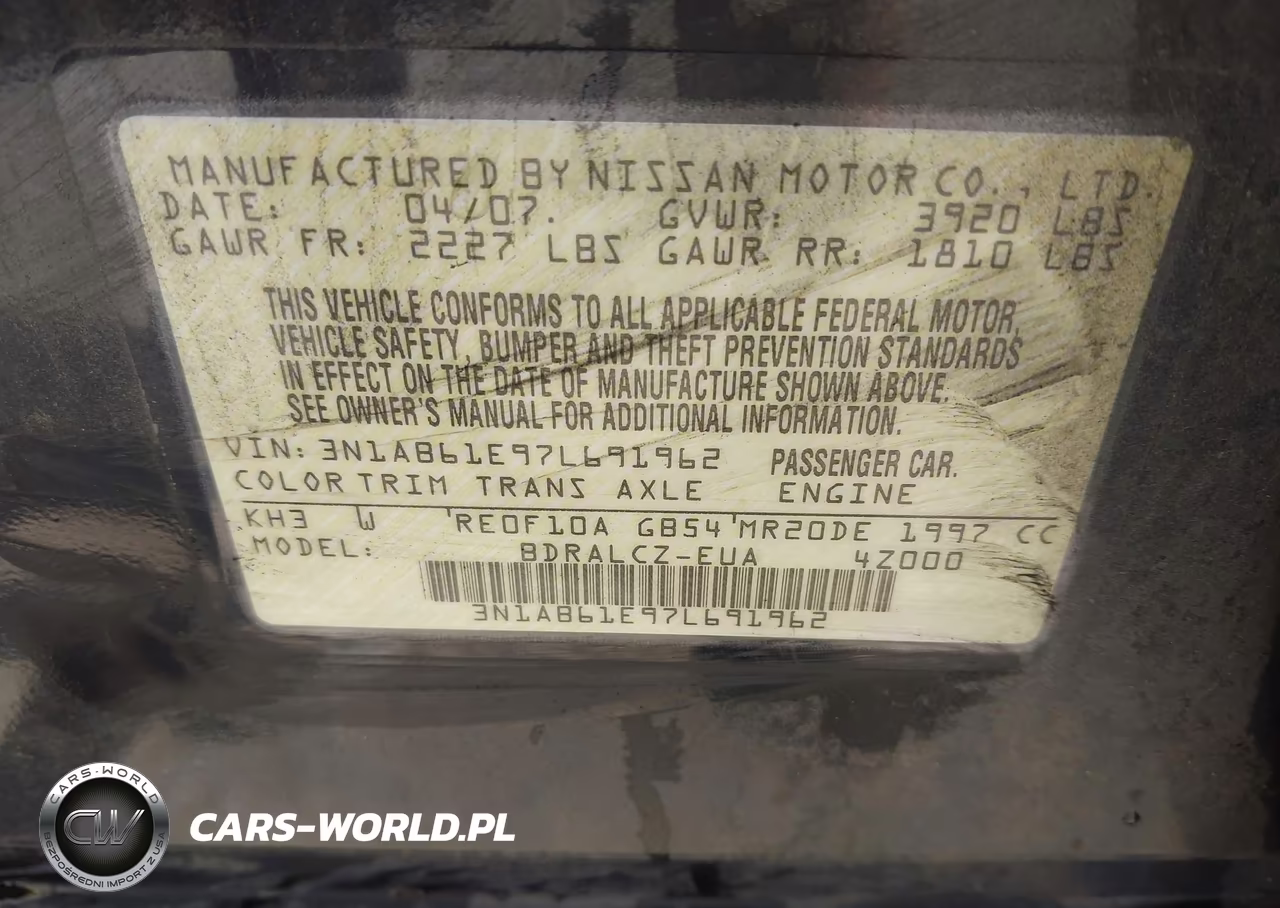 2007 Nissan Sentra 2.0 VIN:3N1AB61E97L691962 - 9