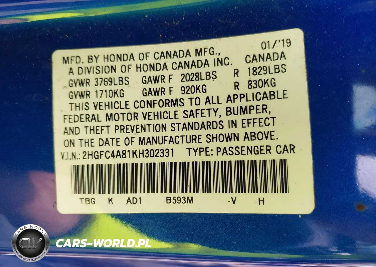 2019 Honda Civic Sport VIN:2HGFC4A81KH302331 - 9