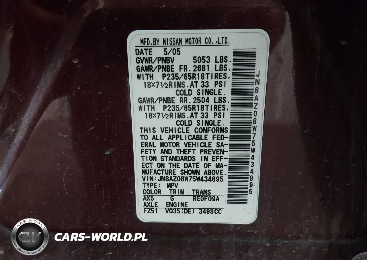 2005 Nissan Murano S VIN:JN8AZ08W75W434895 - 9