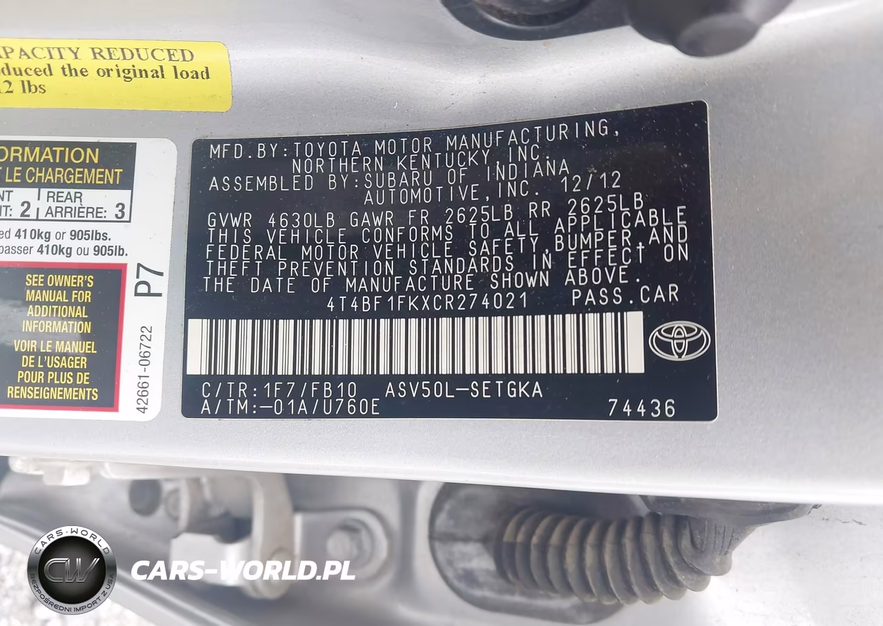 2012 Toyota Camry Xle VIN:4T4BF1FKXCR274021 - 9