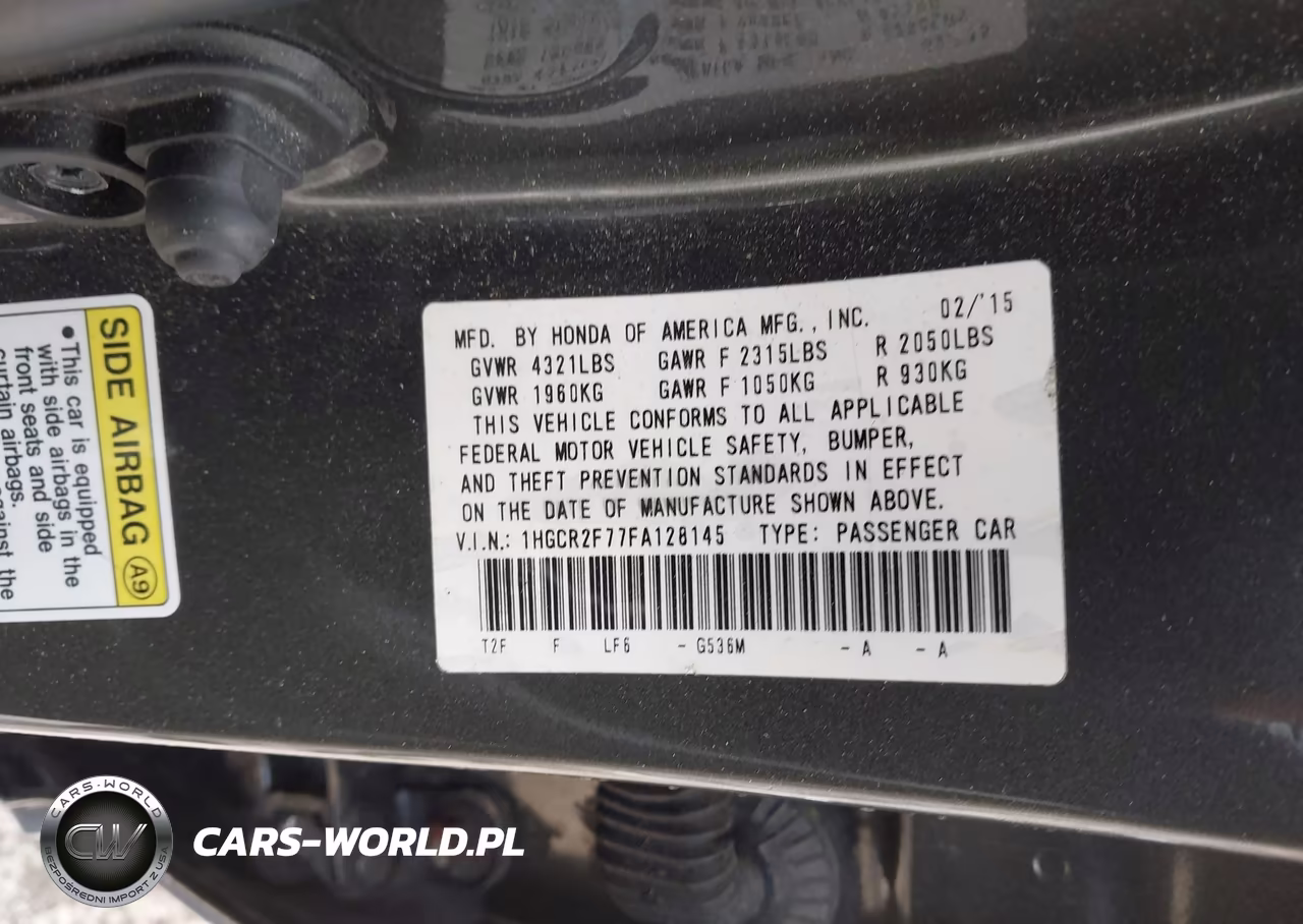 2015 Honda Accord Ex VIN:1HGCR2F77FA128145 - 9