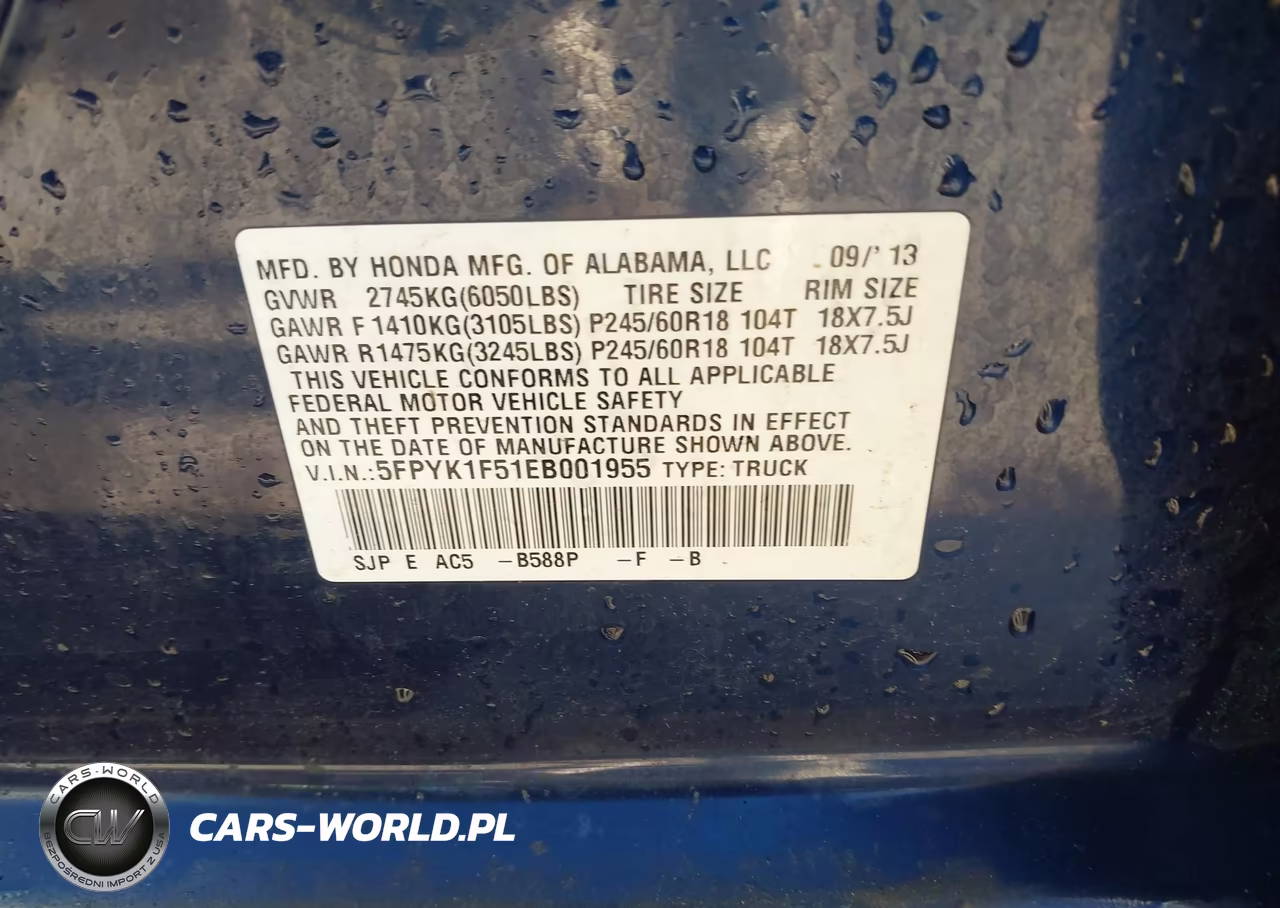 2014 Honda Ridgeline Rtl VIN:5FPYK1F51EB001955 - 9