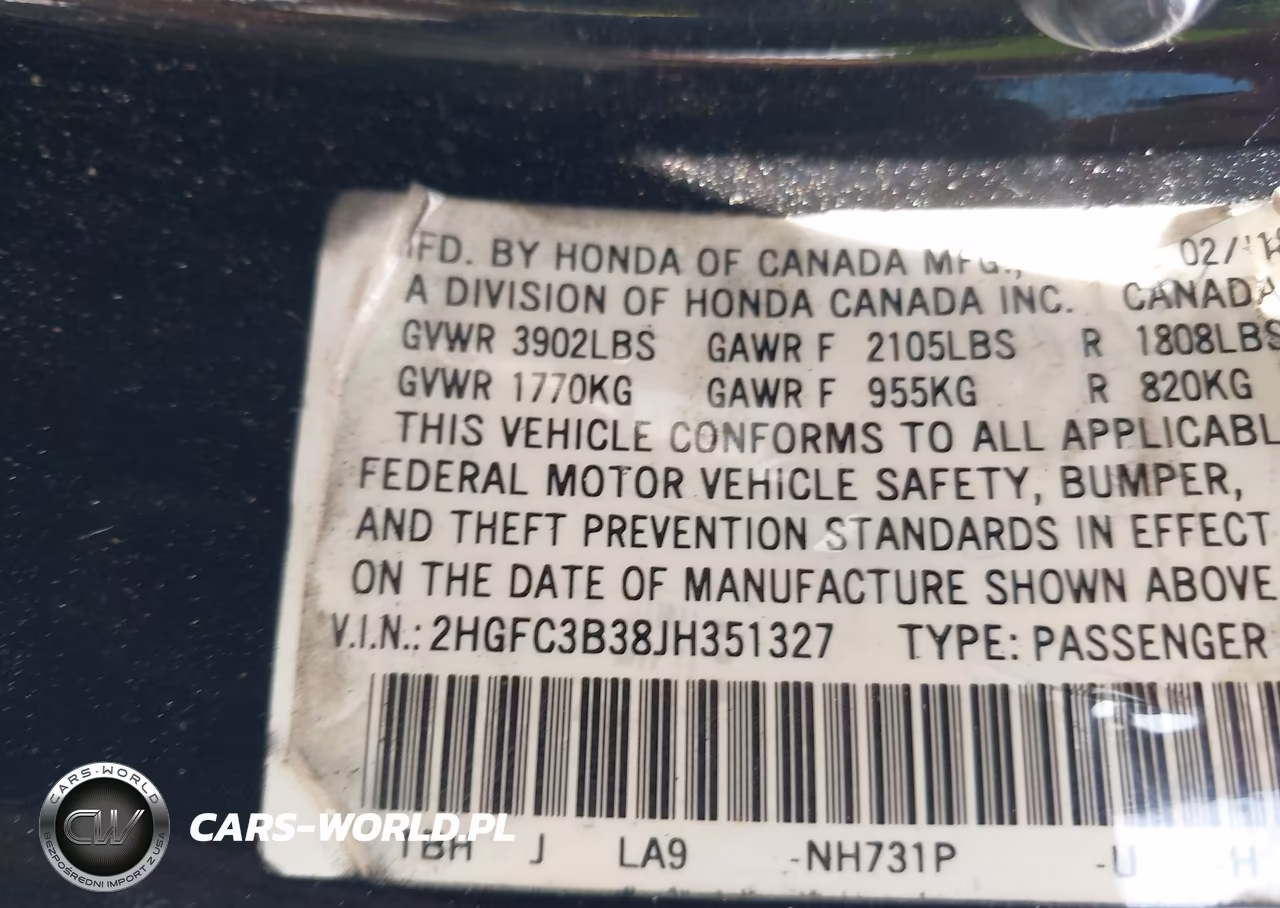2018 Honda Civic Ex-T VIN:2HGFC3B38JH351327 - 9