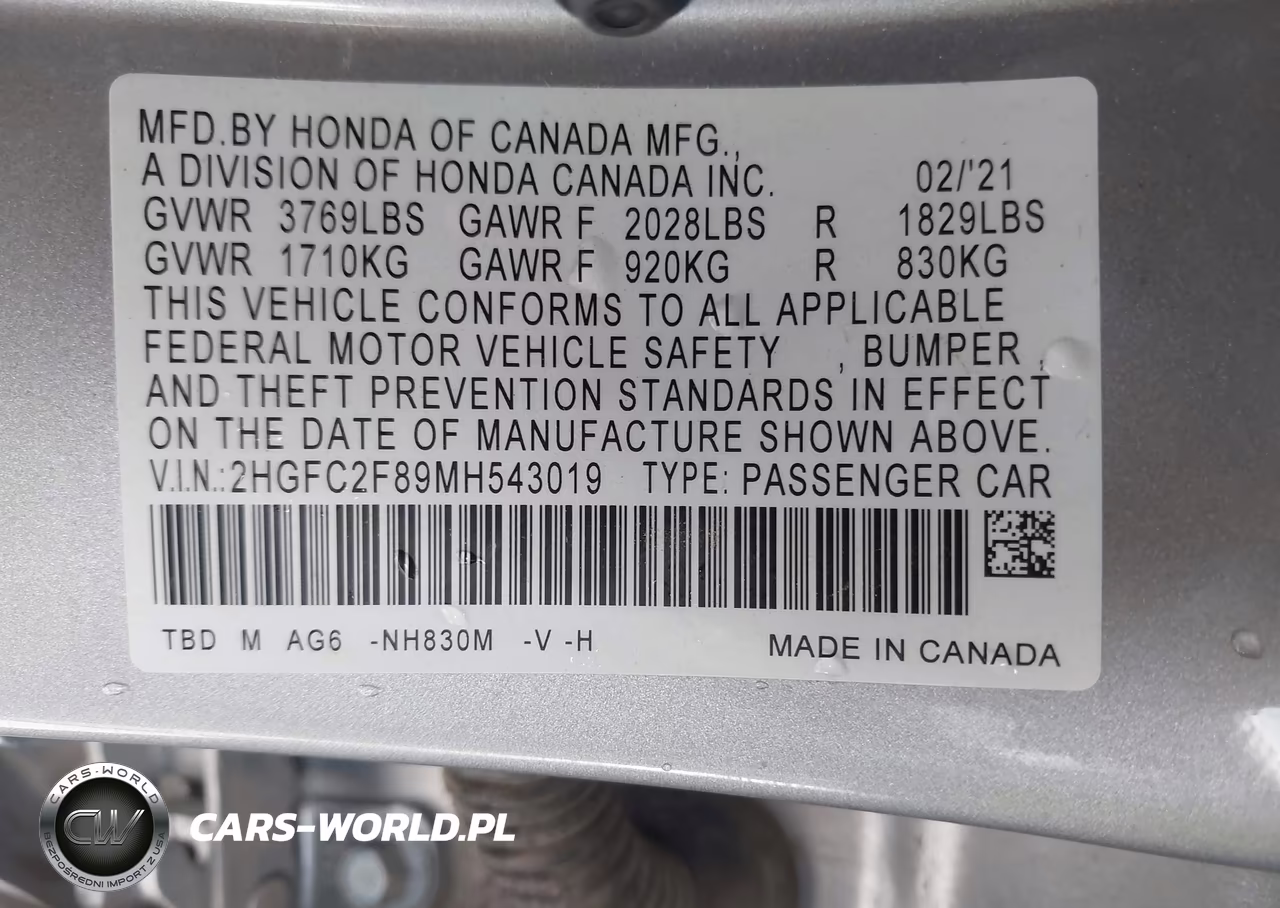 2021 Honda Civic Sport VIN:2HGFC2F89MH543019 - 9