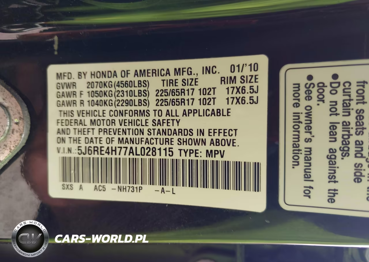2010 Honda Cr-V Ex-L VIN:5J6RE4H77AL028115 - 9