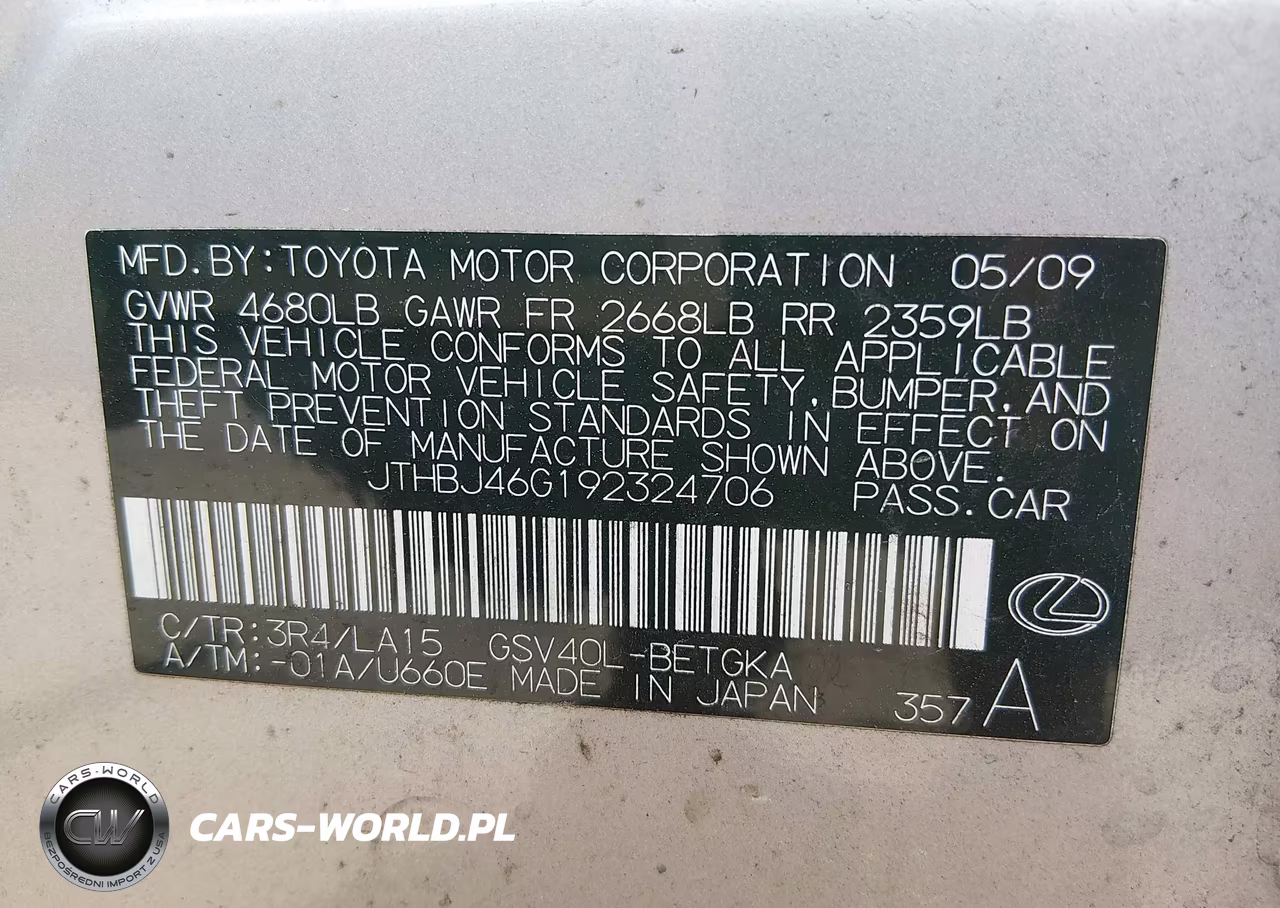 2009 Lexus Es 350 VIN:JTHBJ46G192324706 - 9