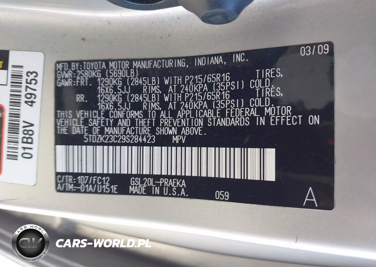2009 Toyota Sienna Le VIN:5TDZK23C29S284423 - 9