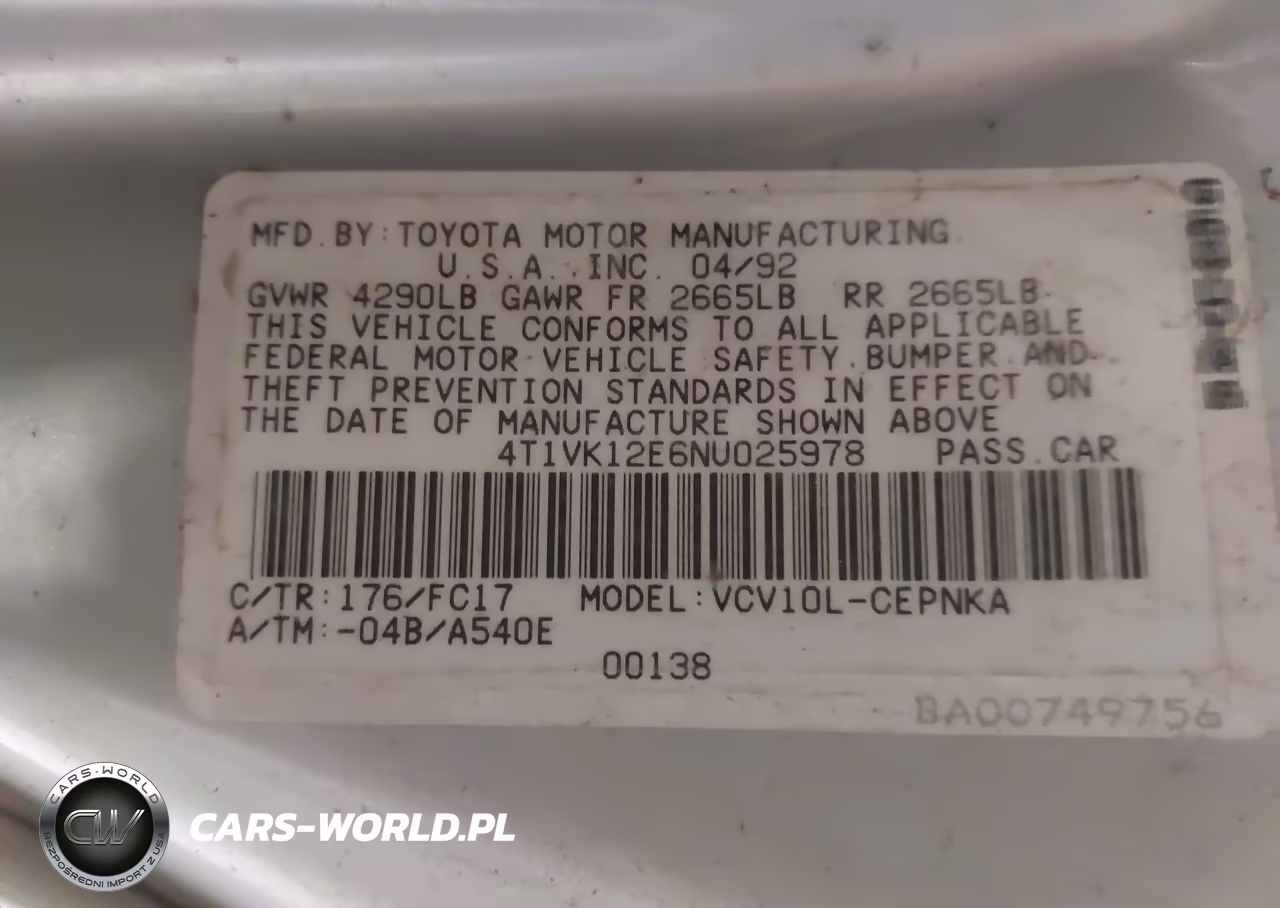 1992 Toyota Camry Le VIN:4T1VK12E6NU025978 - 9