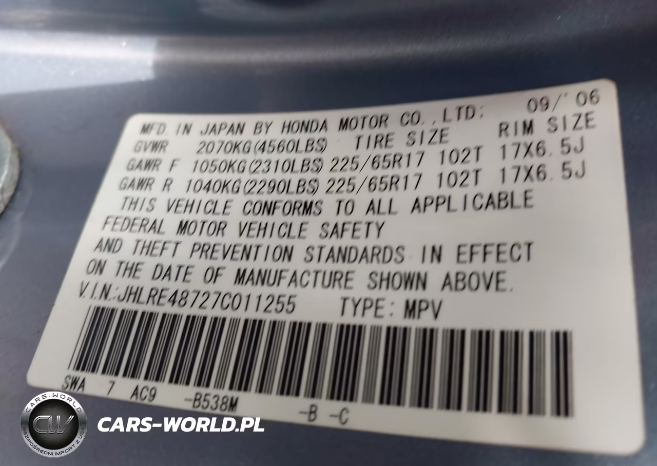 2007 Honda Cr-V Ex-L VIN:JHLRE48727C011255 - 9