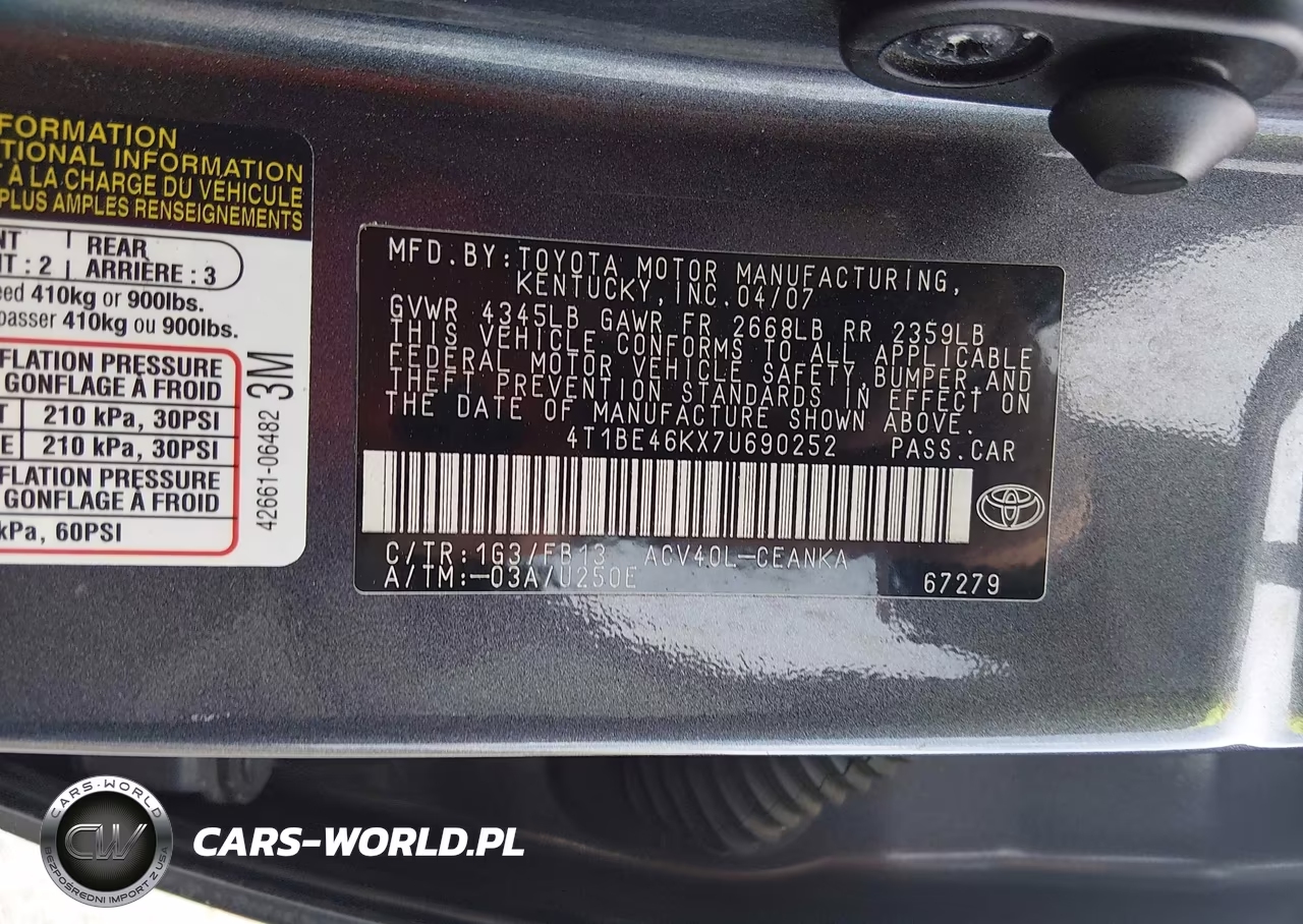 2007 Toyota Camry Le VIN:4T1BE46KX7U690252 - 9